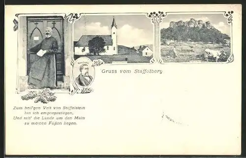 AK Staffelberg, Kirche und Klause, Victor v. Scheffel Portrait, Bruder Antonius