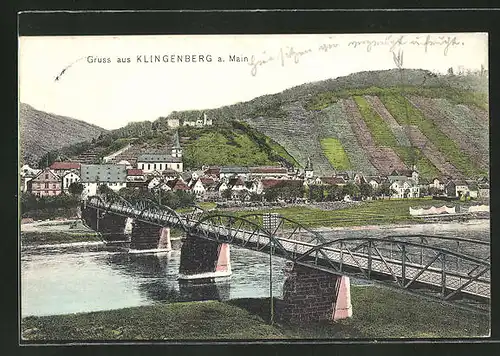 AK Klingenberg / Main, Ortspanorama mit Flussbrücke