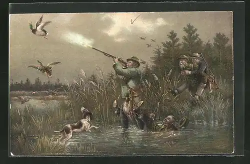 AK Jagdhumor, Jäger beim Schiessen fällt ins Wasser