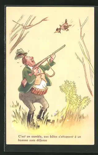 AK Jagdhumor, Jäger beim Abschuss eines Vogels