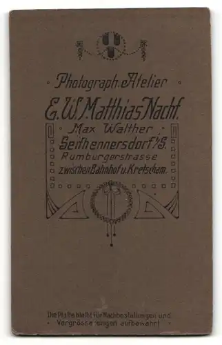 Fotografie E. W. Matthias, Seifhennersdorf i. S., Portrait charmanter Herr mit Schauzer und Krawatte im Jackett