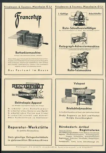 Werbebillet Mannheim, Bürobedarf Friedmann & Seumer, Mercedes Schreibmaschinen, Kopiergerät u.a.