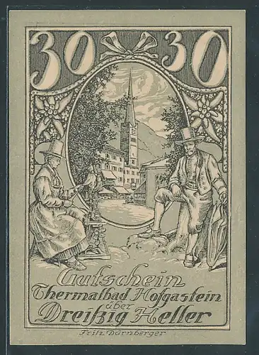Notgeld Hofgastein 1920, 30 Heller, Dame spinnt Garn am Ortsrand, Postkutsche rückseitig, Entwurf: Fritz Dürnberger