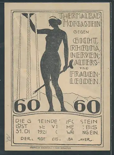 Notgeld Hofgastein 1920, 60 Heller, Strassenansicht flankiert von Skifahrer & Wanderer, Silhouette Frauen-Akt rückseitig