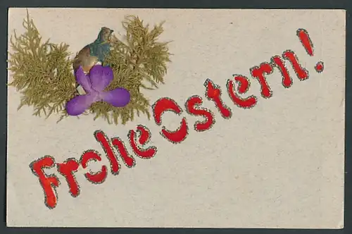Trockenblumen-AK Vogel im Nest mit Trockenblume, "Frohe Ostern"