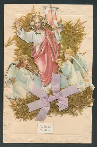 Trockenblumen-AK Jesus mit Heiligenschein und musizierenden Engeln, Trockenblumen mit lila Schleife, "Ostern"