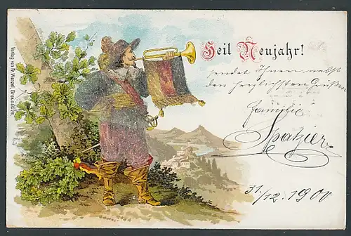 Glitzer-Perl-Lithographie Österreichischer Soldat mit Fanfare, "Heil Neujahr", mit Glitzer-Perlen