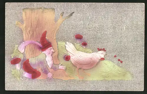 Präge-Airbrush-AK Zwerg stiehlt einem Huhn die Eier