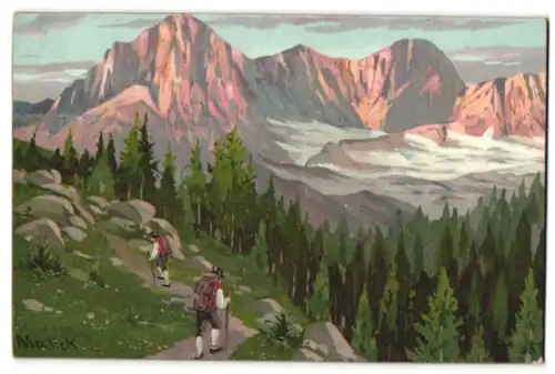 Künstler-Lithographie Alfred Mailick: Alpenidyll mit Bergsteigern
