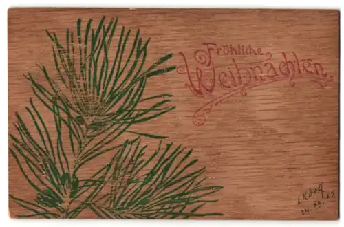 Holz-Imitations-AK Fröhliche Weihnachten, Nadelzweige