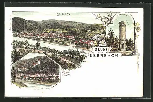 Lithographie Eberbach a. N., Turm auf dem Katzenbuckel, Ortsansicht, Zwingenberg