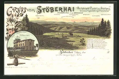 Lithographie Wieda, Hotel & Restaurant Stöberhai im Harz mit Gebirgspanorama