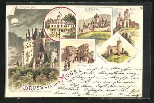 Lithographie Cochem, Curhaus, Burg, Porta Nigra