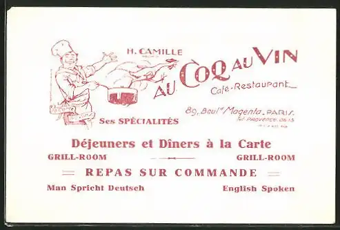 Vertreterkarte Paris, Café-Restaurant Au Coq Au Vin, 89 Boul d Magenta, Huhn springt Koch aus dem Topf