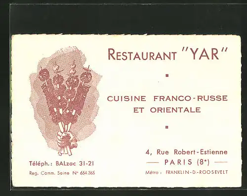 Vertreterkarte Paris, Restaurant Yar, 4 rue Robert-Estienne, Fleischspiesse