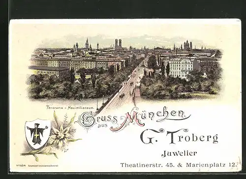 Vertreterkarte München, Juwelier G. Troberg, Theatinerstr. 45 & Marienplatz 12, Panorama vom Maximilianeum, Stadtwappen