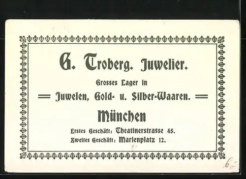 Vertreterkarte München, Juwelier G. Troberg, Theatinerstr. 45 & Marienplatz 12, Panorama vom Maximilianeum, Stadtwappen