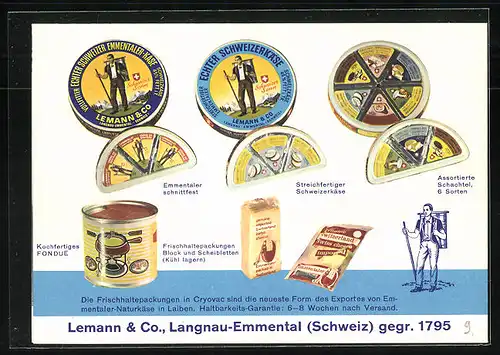 Werbebillet Langnau-Emmental, Schweizer Emmentaler Käse Lemann & Co., Kühe weiden, verschiedener Käse