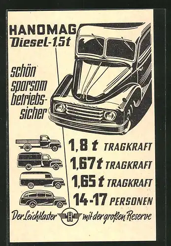 Kaufmannsbild Hanomag - Diesel, Kfz in verschiedenen Gewichtsklassen als Bus, LKW-Koffer, LKW-Pritsche, Firmenlogo