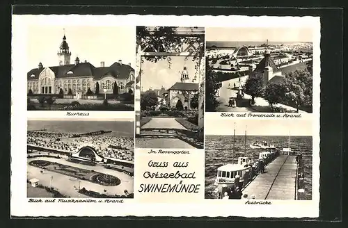 AK Swinemünde, Kurhaus, Im Rosengarten, Seebrücke, Musikpavillon & Strand, Promenade & Strand