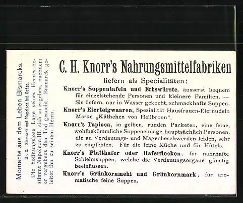 Sammelbild Knorr Nahrungsmittelfabriken, Reichskanzler Bismarck gibt Napoleon III. bei Sedan geleit