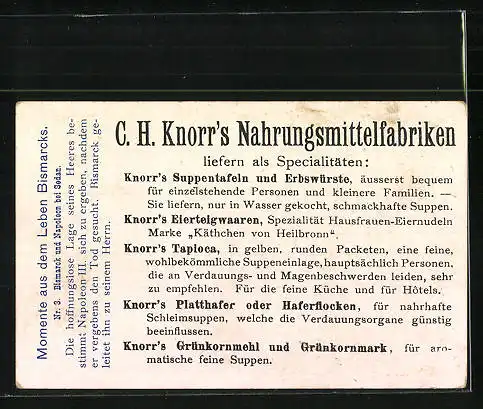 Sammelbild Knorr Nahrungsmittel, Reichskanzler Bismarck & Napoleon III. bei Sedan