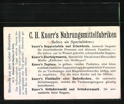 Sammelbild Knorr Nahrungsmittel, Reichskanzler Otto von Bismarck & Napoleon III. bei Sedan