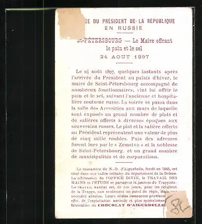 Sammelbild Chocolaterie D'Aiguebelle, St.-Petersbourg, Le Maire offrant le pain et le sel 1897