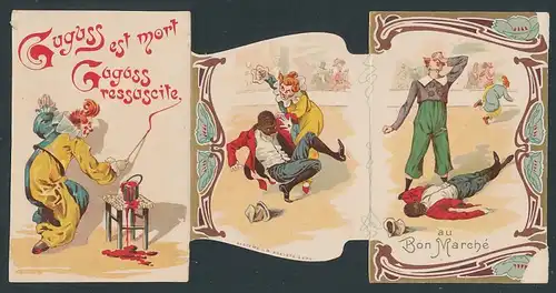 Klapp-Sammelbild Paris, Au Bon Marche, Zirkus-Clown's in einer Manege, Geschäftshaus rückseitig