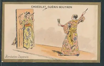 Sammelbild Chocolat Guerin-Boutron, japanischer Messerwerfer wirft auf eine Geisha