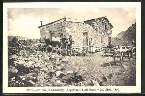 Künstler-AK Giovanni Segantini: Restaurant oberer Schafberg, Segantini's Sterbehaus 1899
