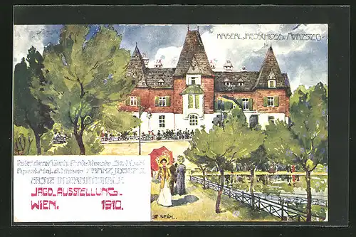 Künstler-AK Ulf Seidl: Wien, Erste internationale Jagd-Ausstellung 1910, Kaiserl. Jagdschloss Mürzsteg