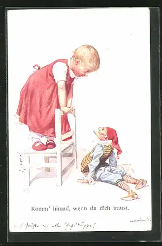Künstler-AK Karl Feiertag: Mädchen im roten Kleid steht auf einem Stuhl und spricht mit der Puppe