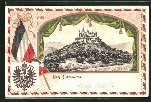 Passepartout-Lithographie Burg Hohenzollern, Panorama und Wappen