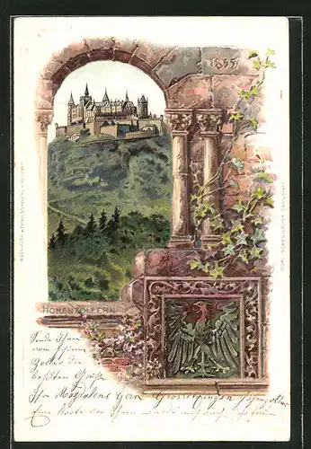 Passepartout-Lithographie Hohenzollern, Blick zur Burg und Wappen