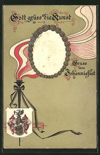 Präge-Lithographie Gott grüss die Kunst, Gruss vom Johannisfest, Gutenberg, Wappen