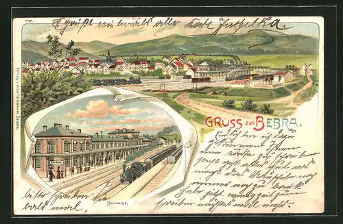 Lithographie Bebra, Panoramablick vom Ort und Bahnhof mit Eisenbhan