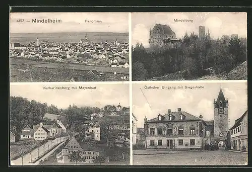 AK Mindelheim, Katharinenberg mit Mayenbad, Östlicher Eingang mit Siegeshalle, Mindelburg, Panorama
