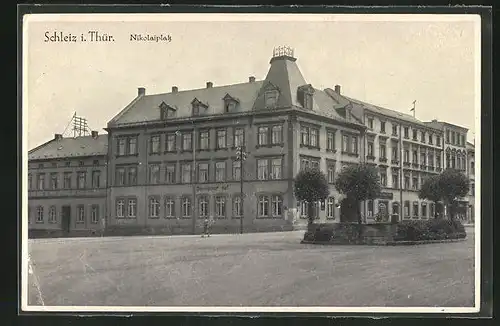 AK Schleiz i. Thür., Nikolaiplatz mit Hotel Bayerischer Hof