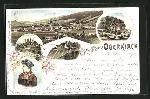 Lithographie Oberkirch, Fürsteneck, Renchthal-Tracht, Habersches Gut, Schauenburg, Totalansicht