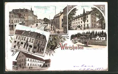 Lithographie Wörishofen, Hotel Krone, Bachstrasse m. Kurhaus & Hotel Luipold, Hotel urban, Hotel zur Stadt München