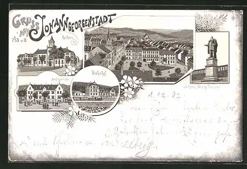 Lithographie Johann-Georgenstadt, Bahnhof, Amtsgericht, Johann-Georg Denkmal, Ortsansicht