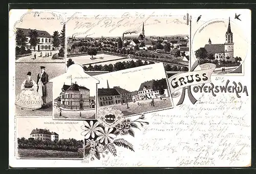 Lithographie Hoyerswerda, Gasthaus zum Adler, Schloss, Königl. Amtsgericht, Kais. Postamt, Marktplatz m. Rathaus