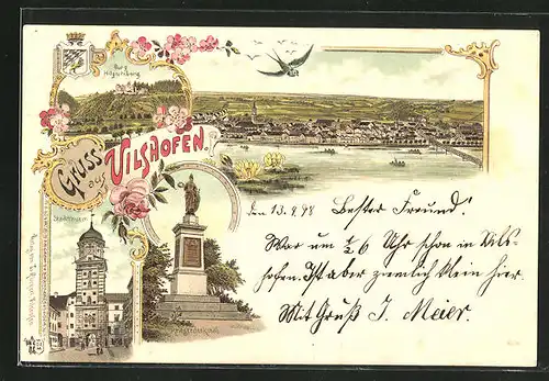 Lithographie Vilshofen, Stadtthurm, Kriegerdenkmal, Burg Hilgertsberg, Ortsansicht