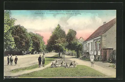 AK Schönberg / Lindow, Strasse mit Colonialwarenhandl. Hermann Siering