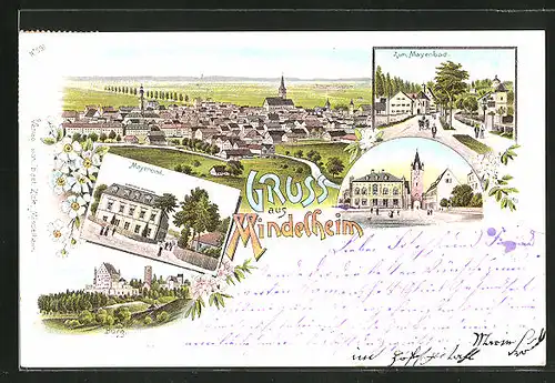 Lithographie Mindelheim, Totalansicht, Mayenbad, Burg