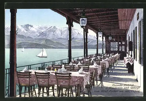 AK Urfeld, Hotel Fischer am See, Veranda-Ausblick auf Walchensee und Gebirge