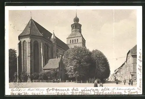 AK Malchin, Strassenansicht mit St. Johanniskirche