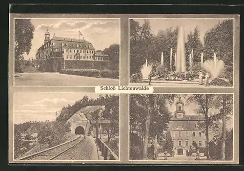 AK Niederwiesa / Sachsen, Schloss Lichtenwalde, Wasserfontäne und Eisenbahntunnel