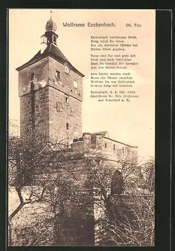 AK Wolframs Eschenbach, Ortsansicht mit Turm, Tor und Gedicht
